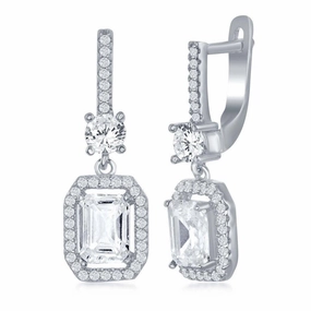 Sterling Silver White Emerald Cut CZ Earrings