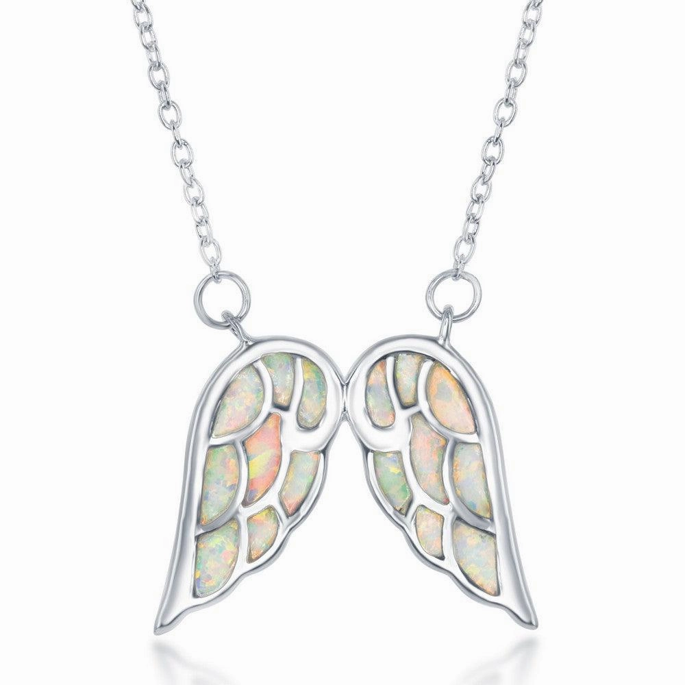 Sterling Silver White Inlay Opal Angel Wings Necklace