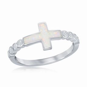 Sterling Silver White Inlay Opal Cross Half CZ Ring - W-2259
