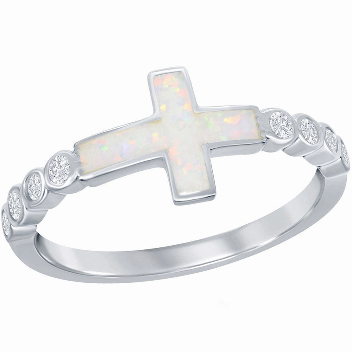 Sterling Silver White Inlay Opal Cross Half CZ Ring - W-2259