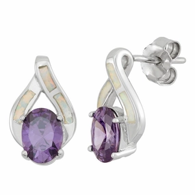 Sterling Silver White Inlay Opal Oval CZ Earrings