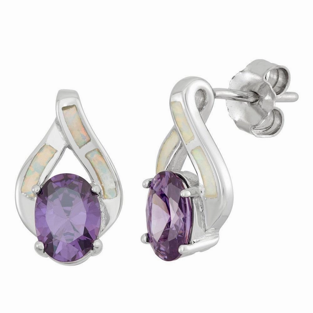 Sterling Silver White Inlay Opal Oval CZ Earrings