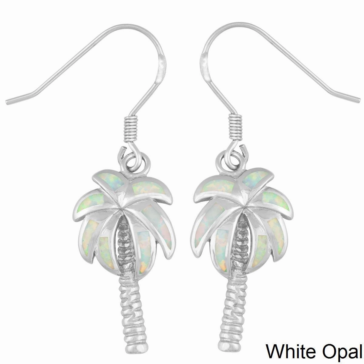 Sterling Silver White Inlay Opal Palm Tree Earrings