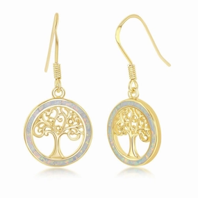 Sterling Silver White Inlay Tree of Life Earrings