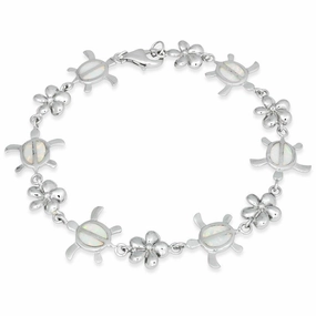 Sterling Silver White Opal Flower and Tortoise Link Bracelet