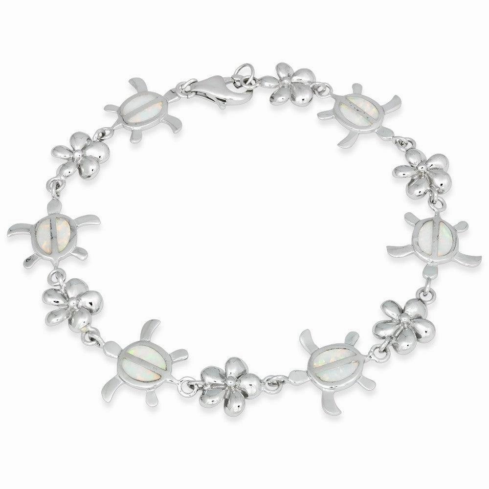 Sterling Silver White Opal Flower and Tortoise Link Bracelet