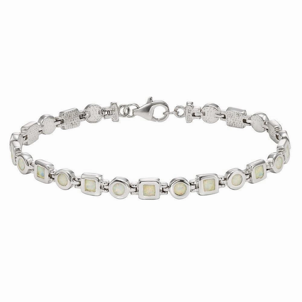 Sterling Silver White Opal Squares and Circles Link Bracelet, 7"