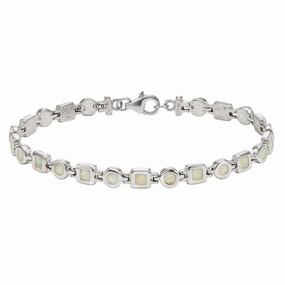Sterling Silver White Opal Squares and Circles Link Bracelet, 7"