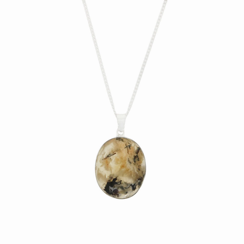 Tiger Agate Sterling Silver Oval Pendant and Chain