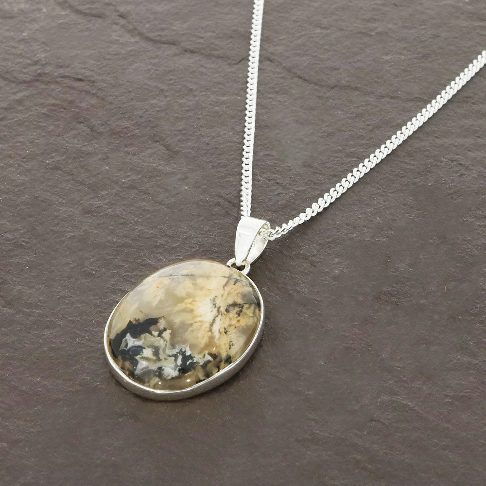 Tiger Agate Sterling Silver Oval Pendant and Chain