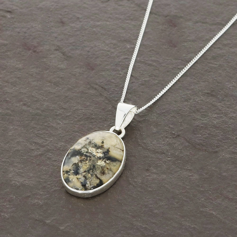Tiger Agate Sterling Silver Small Oval Pendant and Chain
