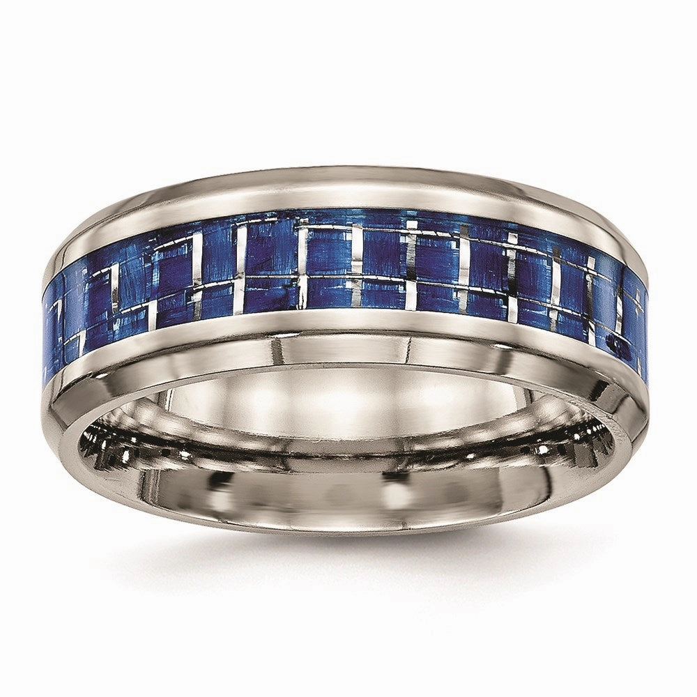 Titanium Polished Blue/White Carbon Fiber Inlay Ring | TB466