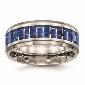 Titanium Polished Blue/White Carbon Fiber Inlay Ring | TB466