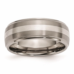 Titanium Ridged Edge Sterling Silver Inlay 8mm Brushed/Polished Band | TB16