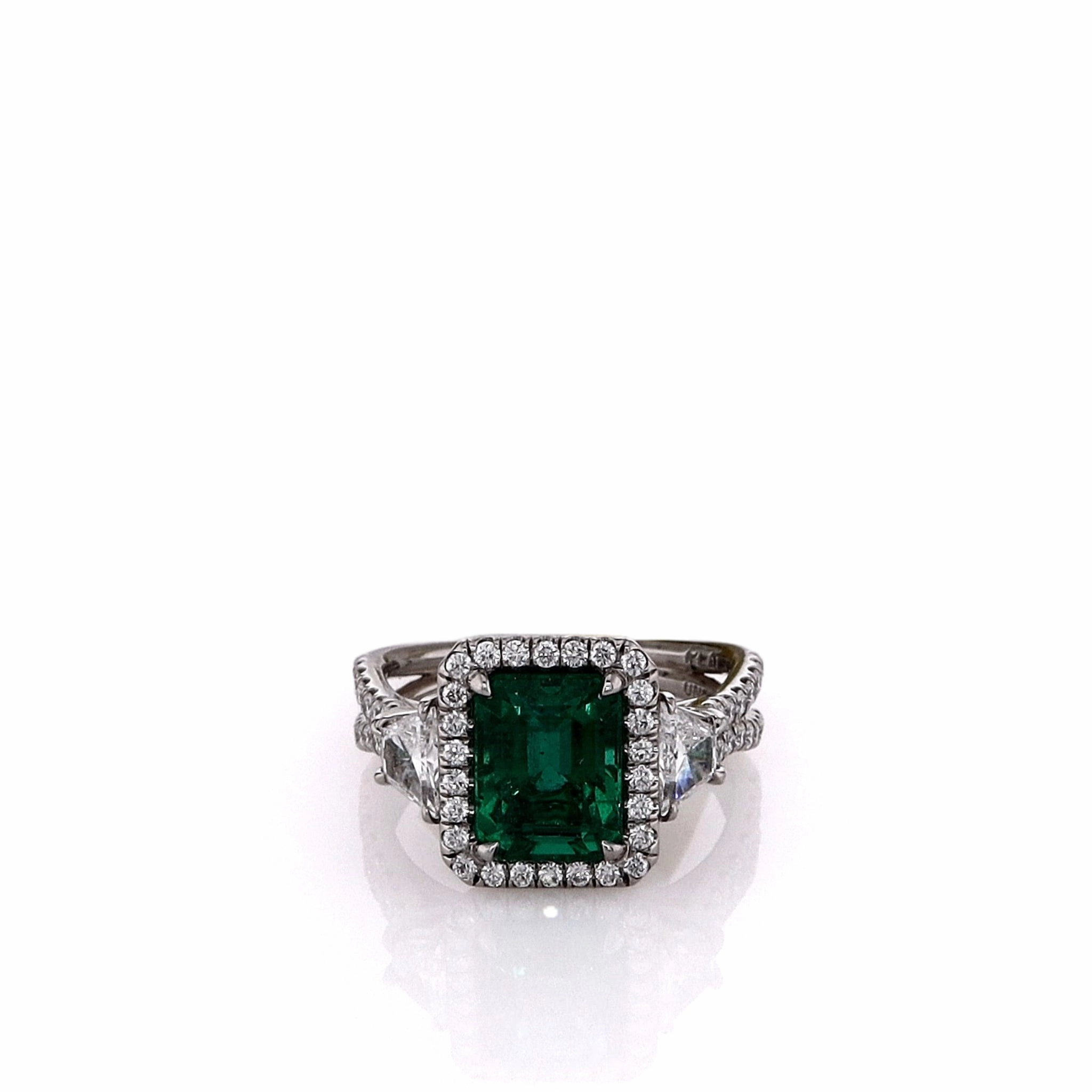 Uneek Platinum Emerald and Diamond Halo Split Shank Ring
