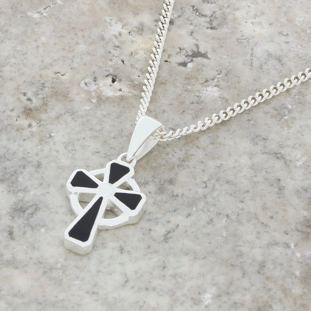 Whitby Jet Sterling Silver Celtic Cross Pendant and Chain