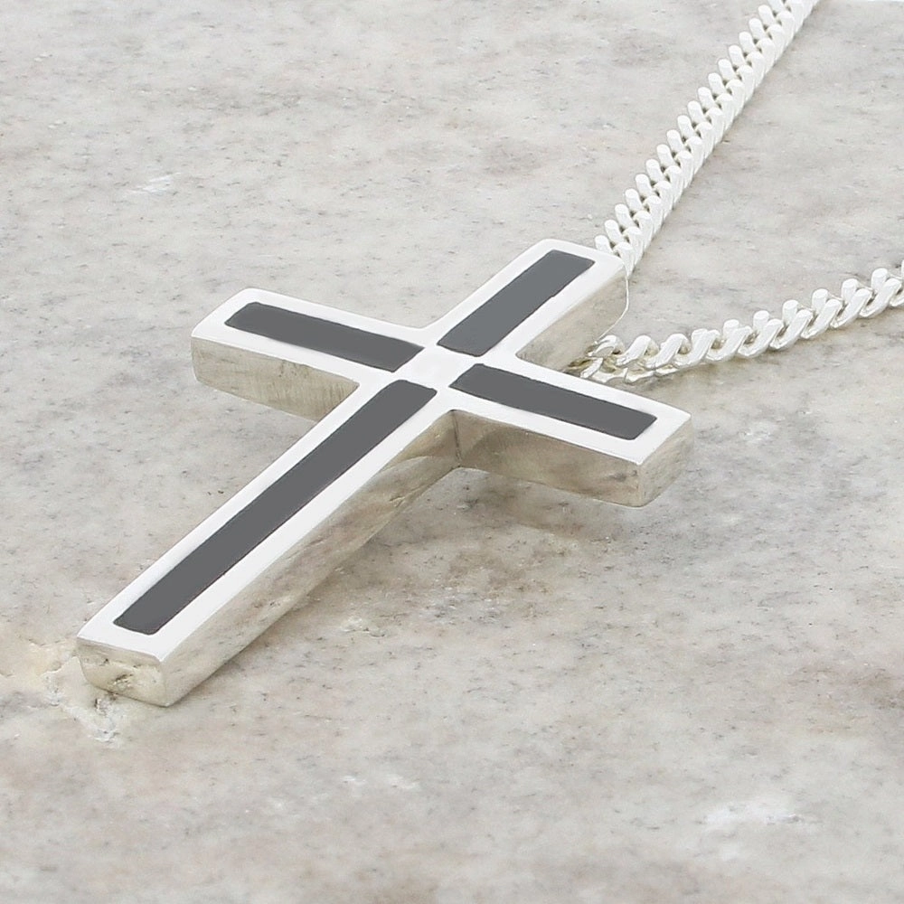 Whitby Jet Sterling Silver Cross Pendant and Chain