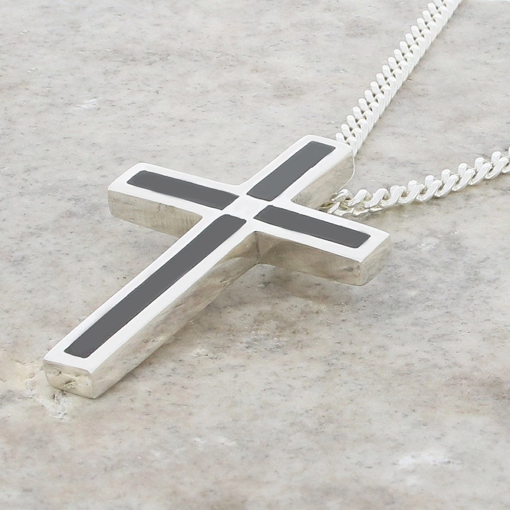 Whitby Jet Sterling Silver Cross Pendant and Chain