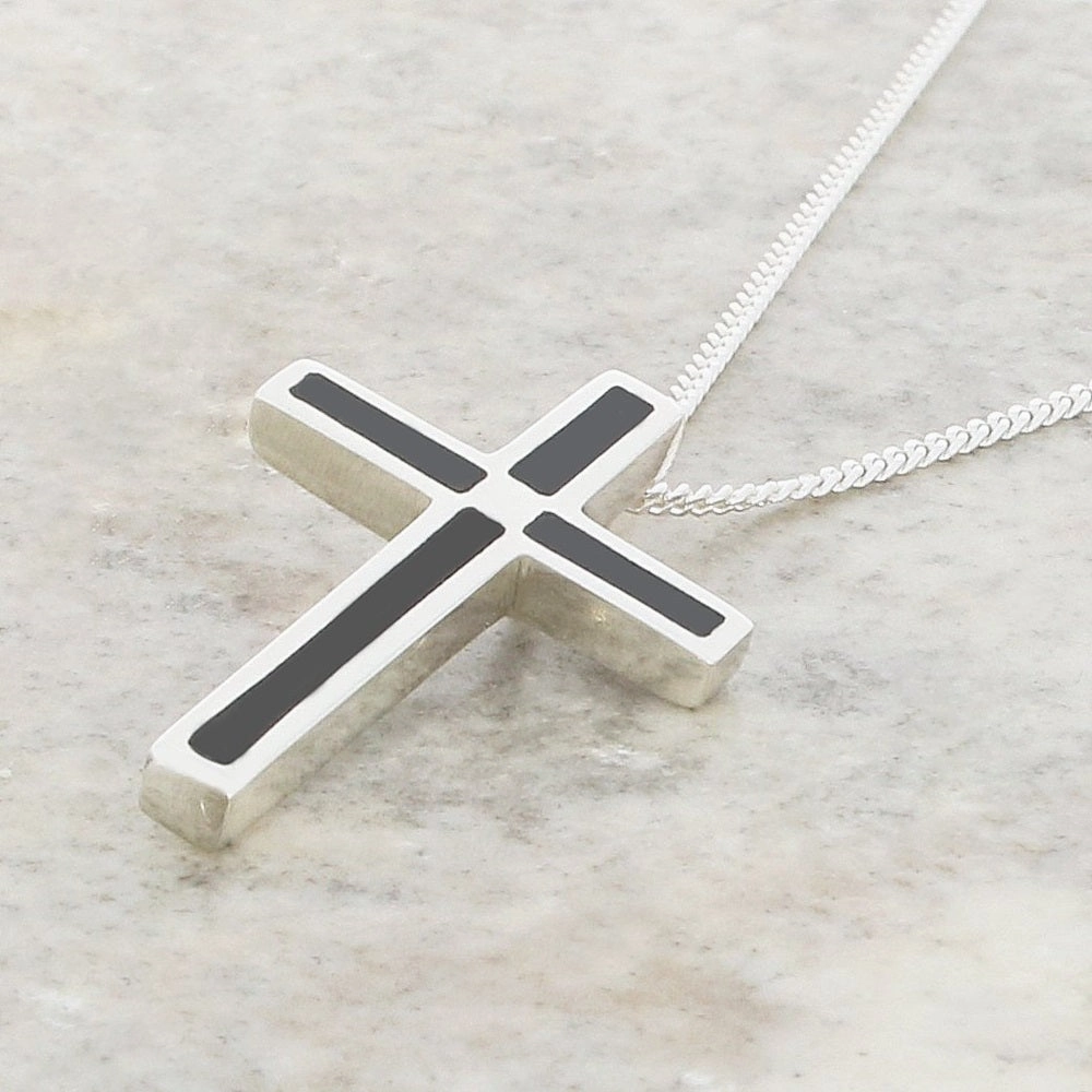 Whitby Jet Sterling Silver Cross Pendant and Chain