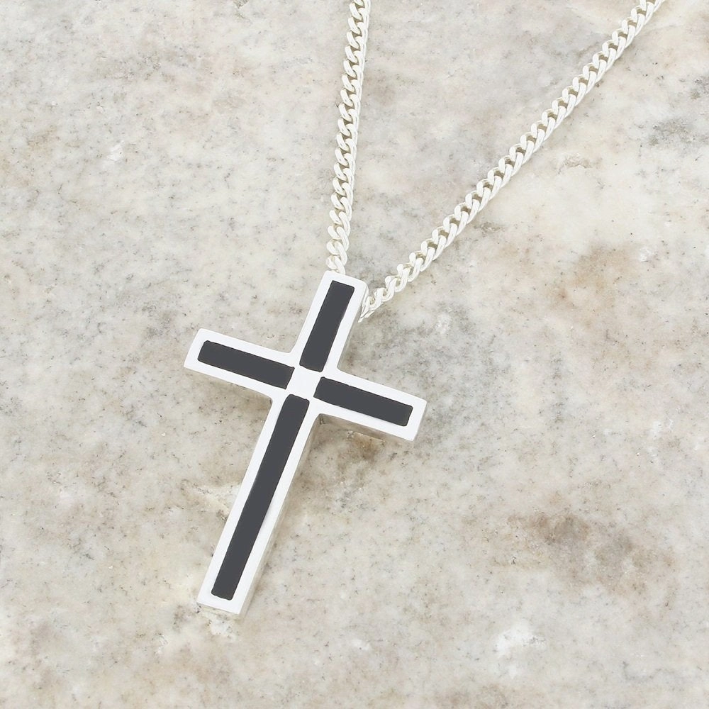 Whitby Jet Sterling Silver Cross Pendant and Chain