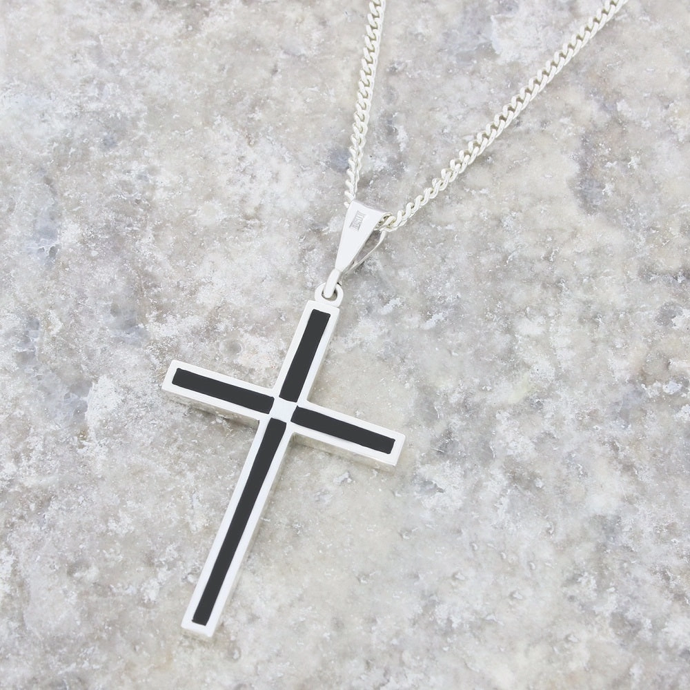 Whitby Jet Sterling Silver Cross Pendant and Chain