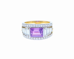White and yellow gold ring with diamonds and purple sapphire