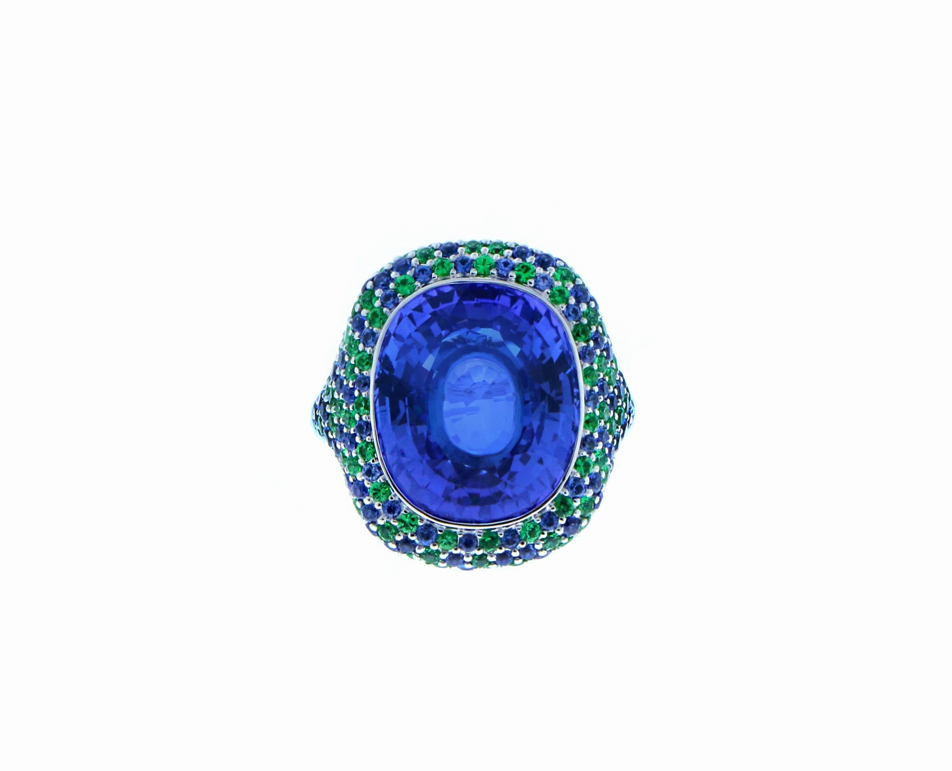 White gold ring tanzanite, tsavorites and sapphires