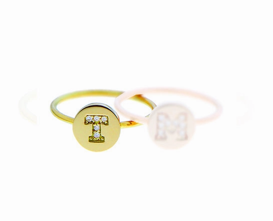 Yellow and rose gold coin ring with diamond letters