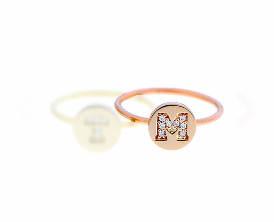 Yellow and rose gold coin ring with diamond letters