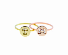 Yellow and rose gold coin ring with diamond letters