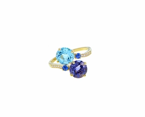 Yellow gold and diamond ring with blue topaz, peridots and sapphire