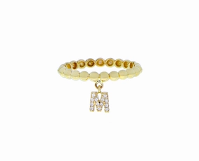 Yellow gold beaded ring with a small diamond letter pendant