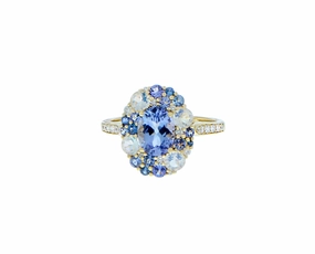 Yellow gold diamond ring with rainbow moonstones, tanzanites and sapphire