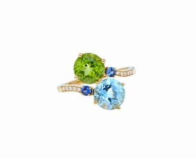 Yellow gold diamond ring with topaz, peridots and sapphires