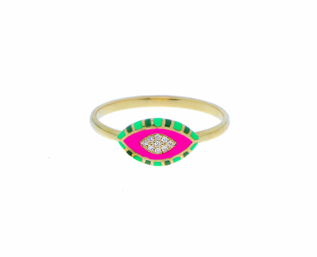 Yellow gold eye ring with enamel and diamonds