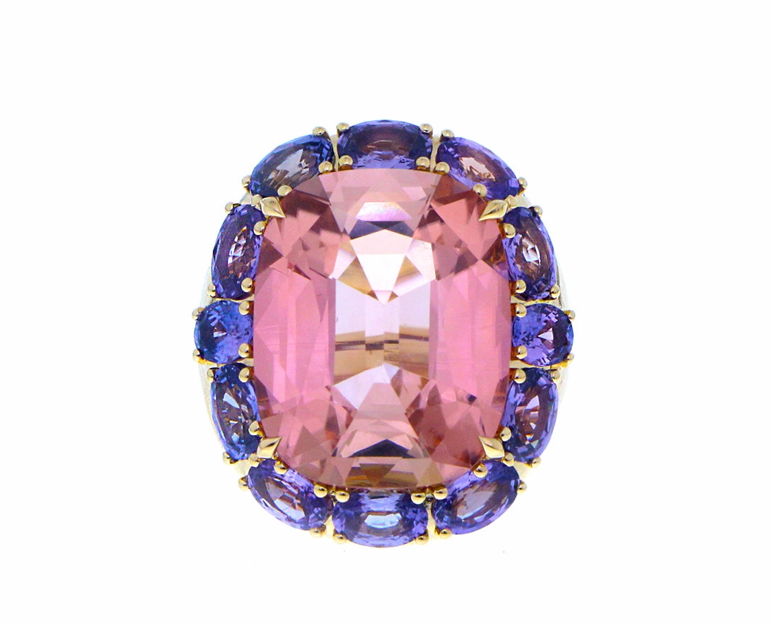 Yellow gold ring pink tourmaline, purple blue sapphires and tsavorite garnets