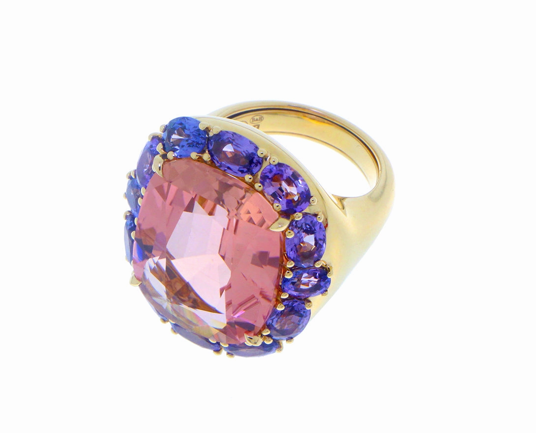 Yellow gold ring pink tourmaline, purple blue sapphires and tsavorite garnets
