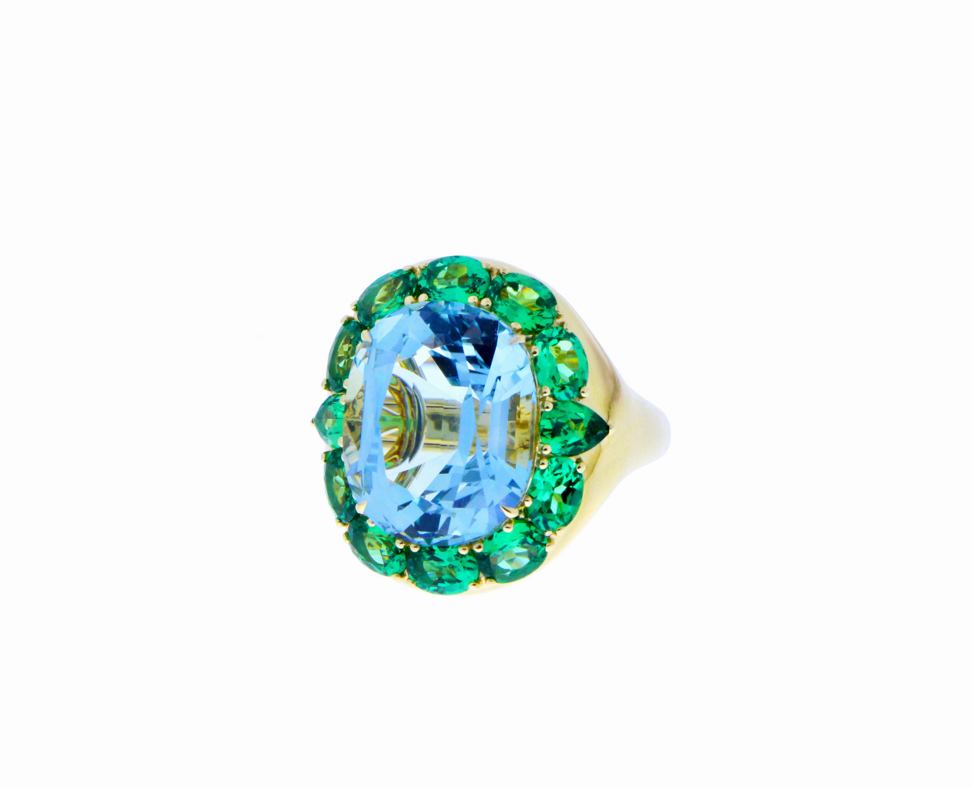 Yellow gold ring pink tourmaline, purple blue sapphires and tsavorite garnets