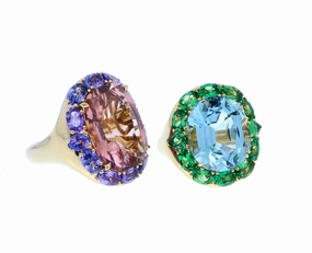 Yellow gold ring pink tourmaline, purple blue sapphires and tsavorite garnets
