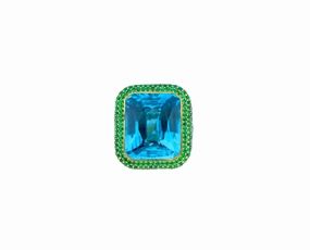 Yellow gold ring with a blue zircon and tsavorites