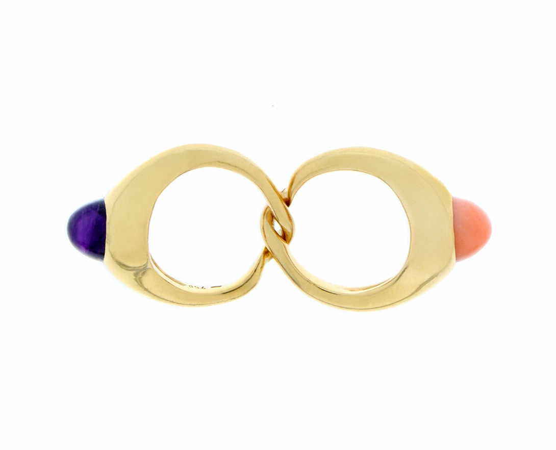 Yellow gold ring with amethyst and coral