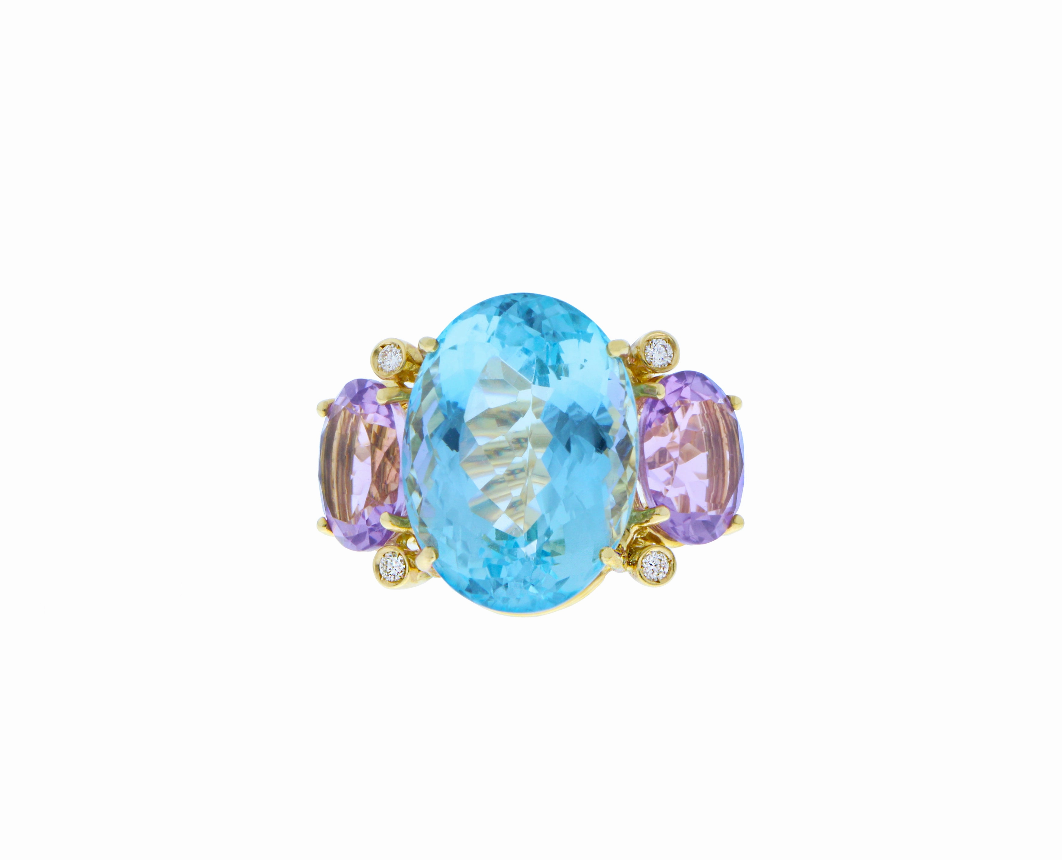 Yellow gold ring with aqua and pink amethyst