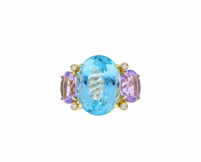 Yellow gold ring with aqua and pink amethyst