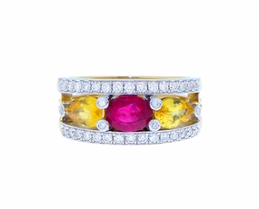 Yellow gold ring with diamond, ruby and yellow sapphire