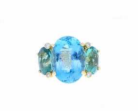Yellow gold ring with diamonds, aquamarine and two green tourmalines