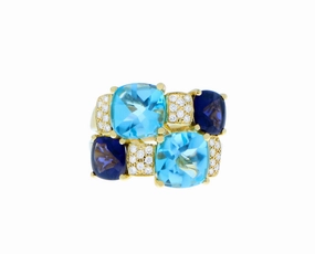 Yellow gold ring with diamonds, iolite and blue topaz