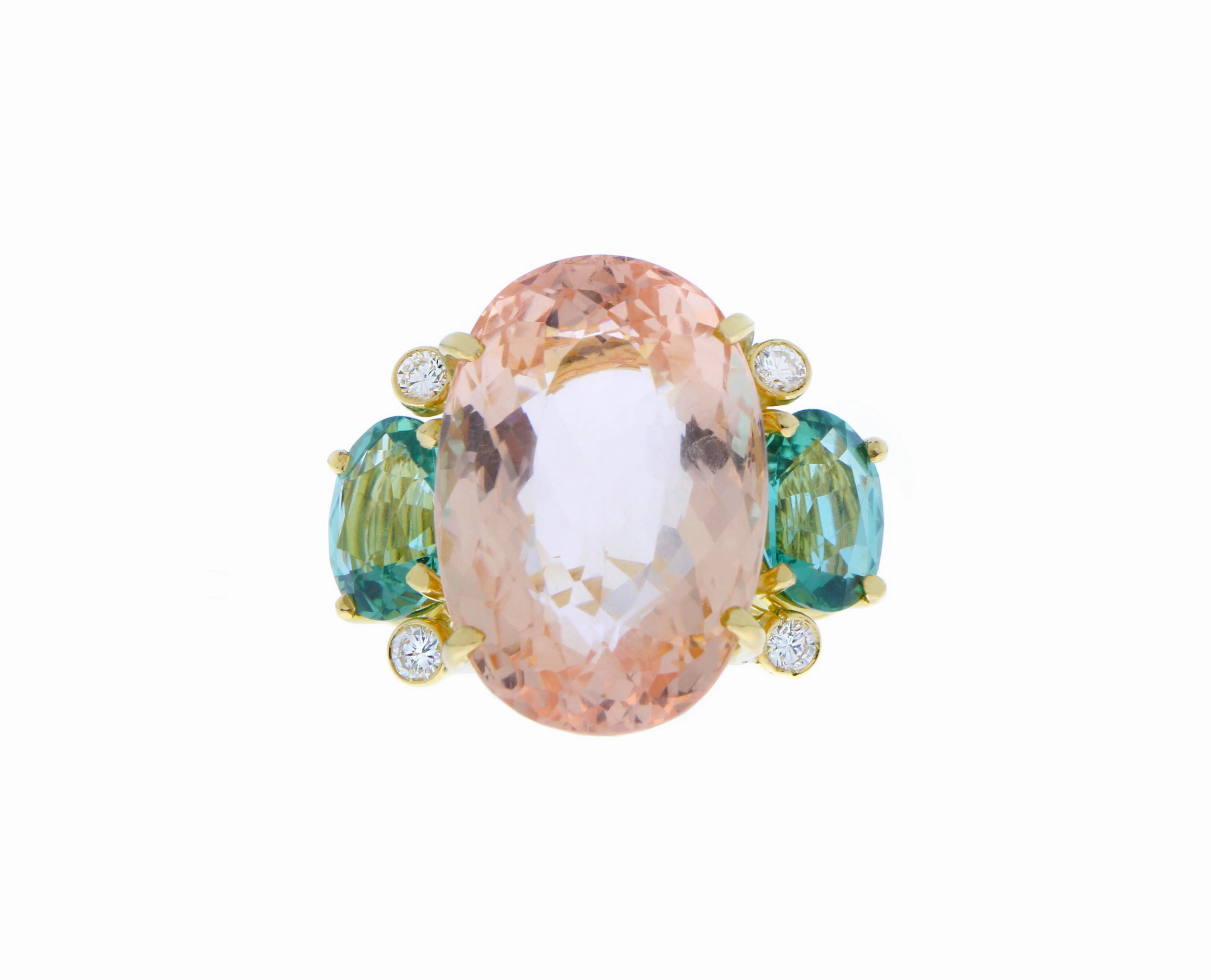 Yellow gold ring with diamonds tourmaline and morganite