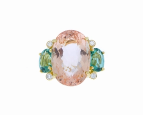 Yellow gold ring with diamonds tourmaline and morganite