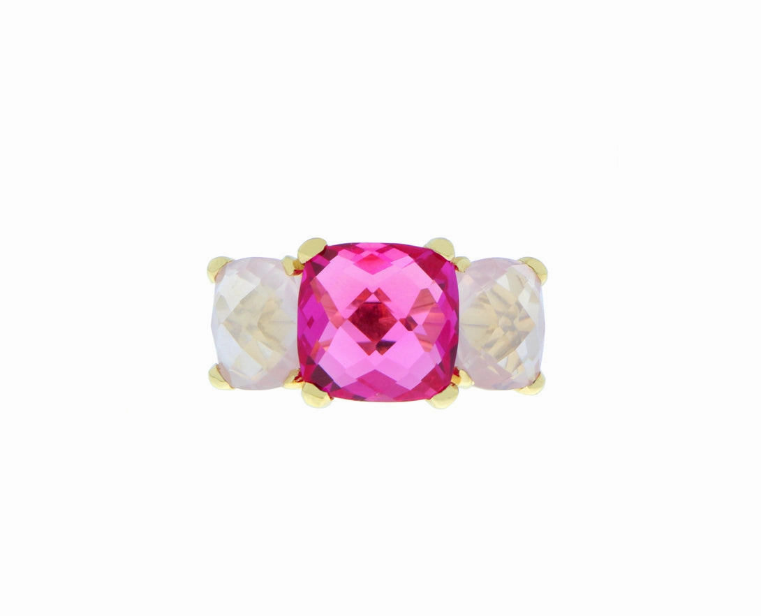 Yellow gold ring with pink topaz and rose quartz