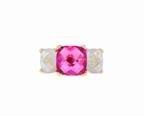 Yellow gold ring with pink topaz and rose quartz